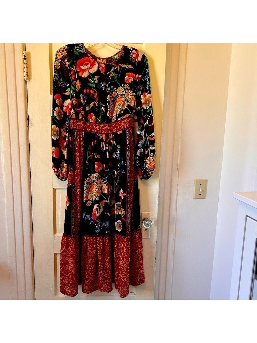 NEW Anthropologie Black Motif Boho Floral Velvet Trim Midi Dress Sz OUS Lined
